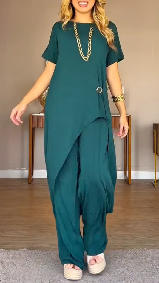 Asymmetric Longline Top & Harem Wide Leg Pants Co‑Ord Set