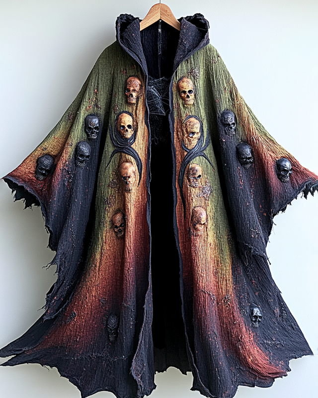 Halloween Themed Irregular Gradient Skull Embroidered Hooded Cape 058b