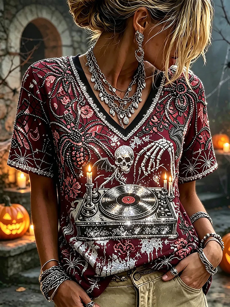 Women's Halloween Gothic Spider Skull Vinyl Record Rhinestone Shirt