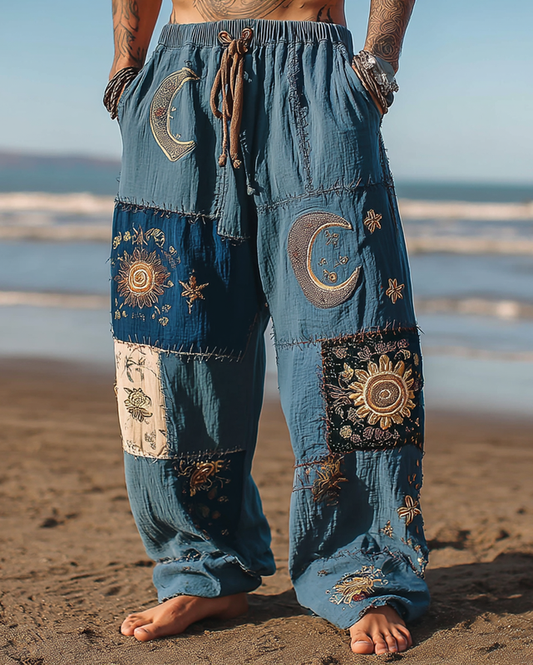 Men's casual star and moon 3D embroidered linen trousers 274a