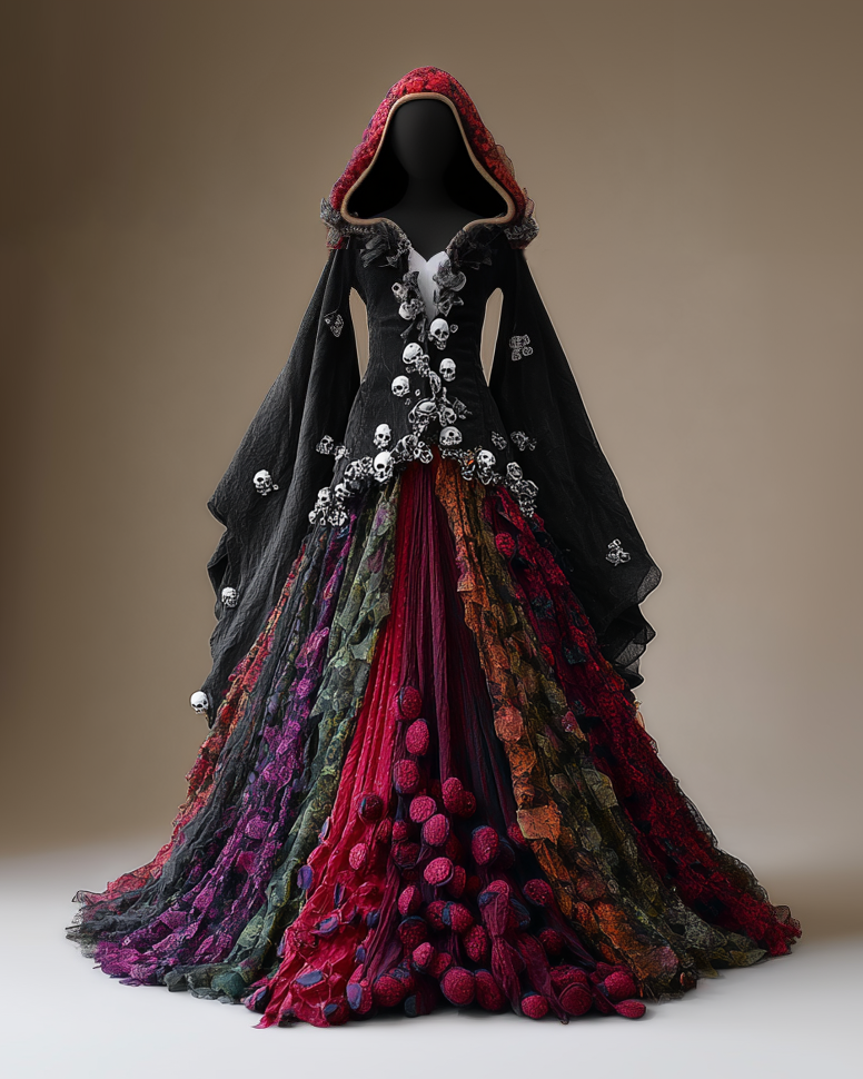 Women's Elegant Halloween Skull Contrast Cape Dress 4f01