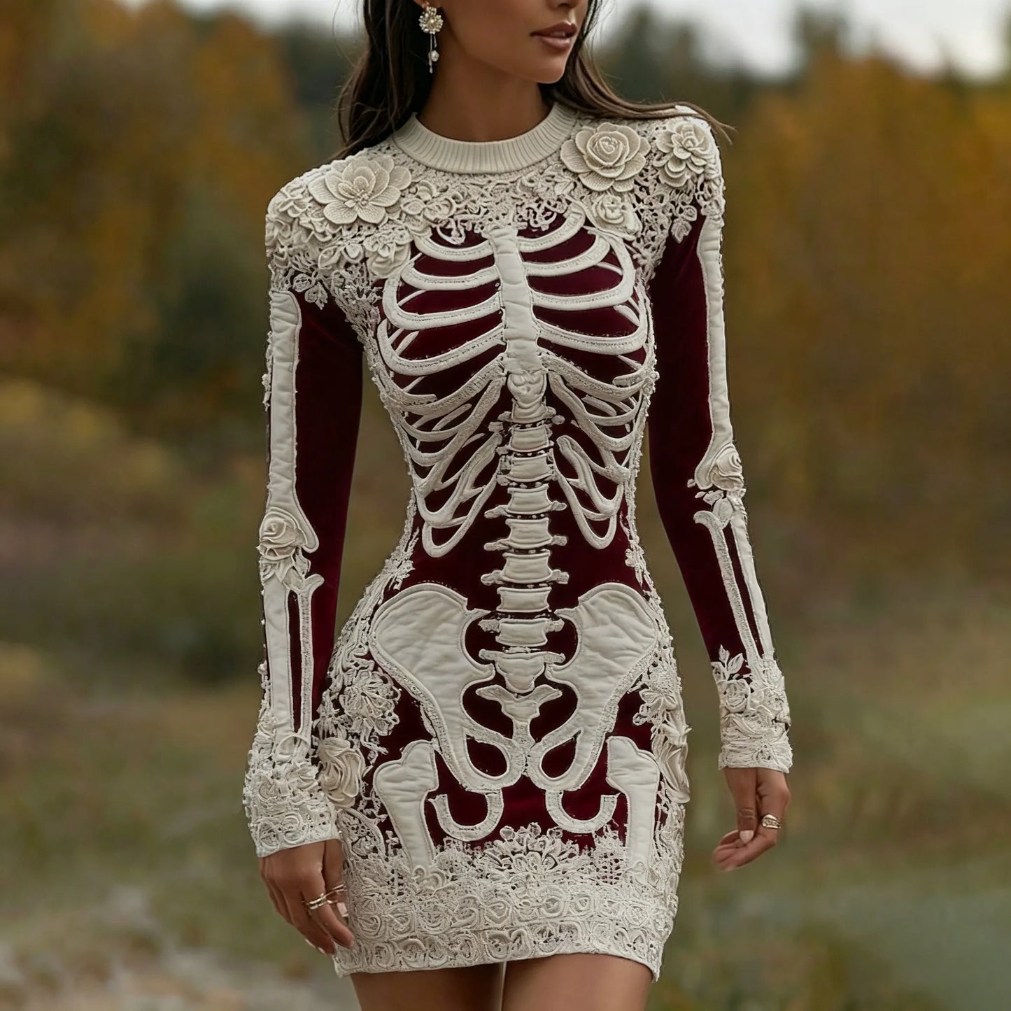 Women's Vintage Halloween Skeleton Bones With Rose Art Cozy Knit Mini Sweater Dress