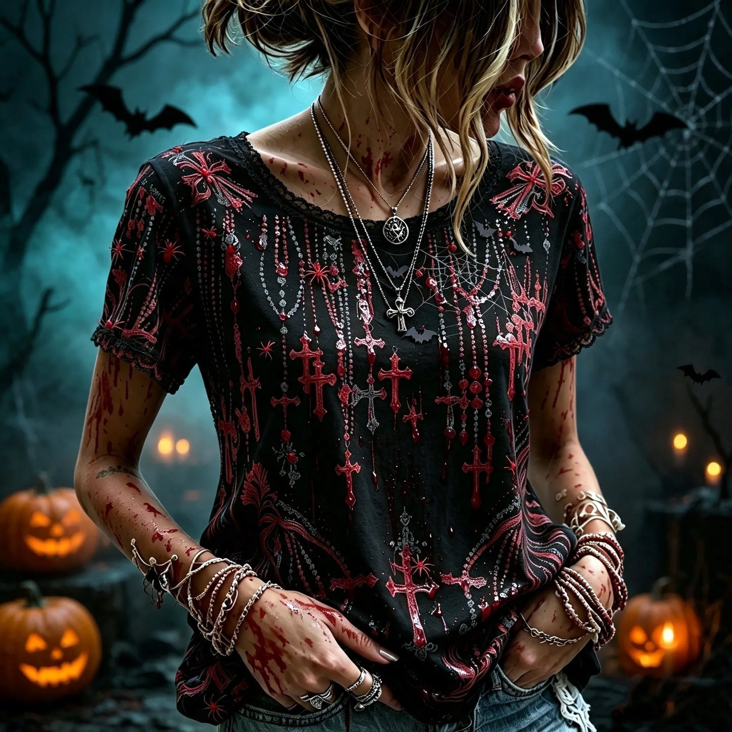 Women's Retro Halloween Style Cross Print Top