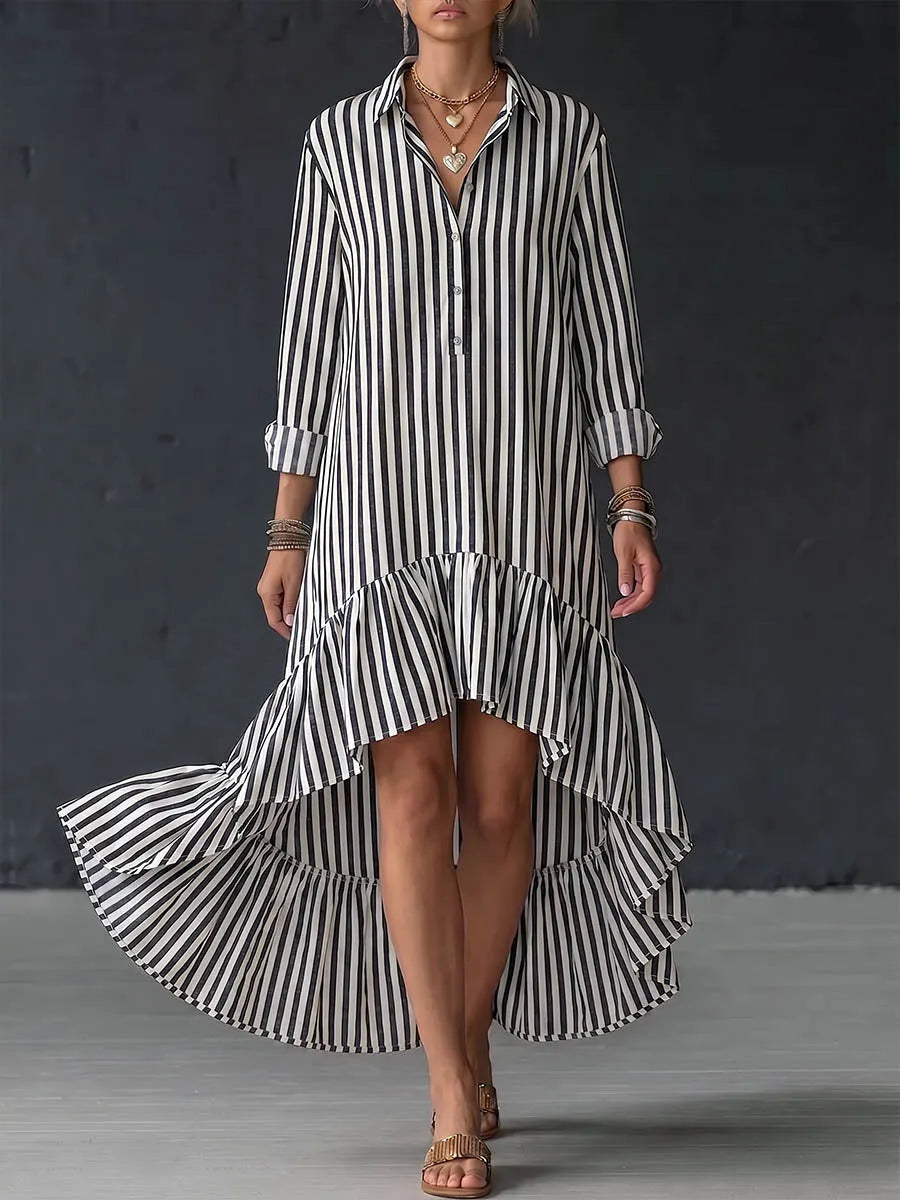 Women's Striped Print Cotton-linen Casual Loose Dress With Collar And Long Sleeves