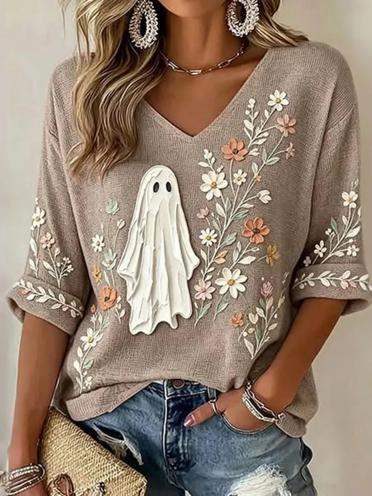 Women's Halloween Ghost And Floral Print Casual T-shirt