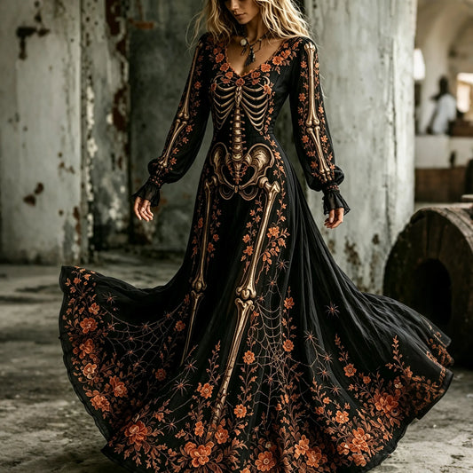 Women's Retro Halloween Human Skeletal Floral Art Pattern Maxi Dress