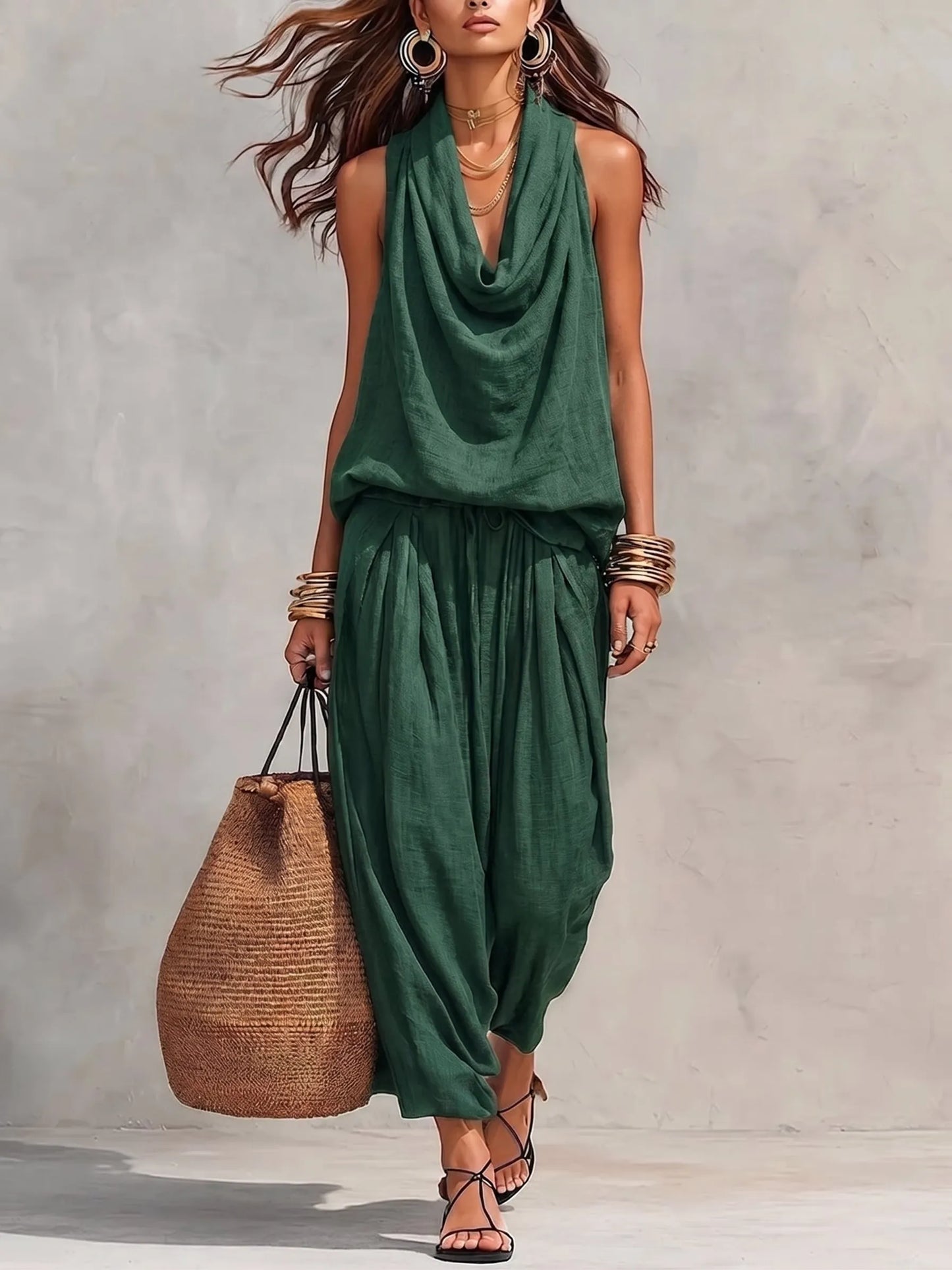 Women's Casual Halter-neck Wide-leg Jumpsuit With Cowl Neck