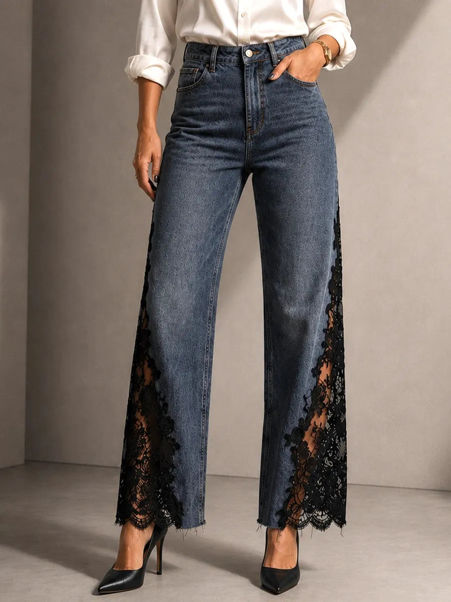 Elegant Lace Panel Wide Leg Denim Jeans For Women – High Waist Premium Vintage Wash Jeans