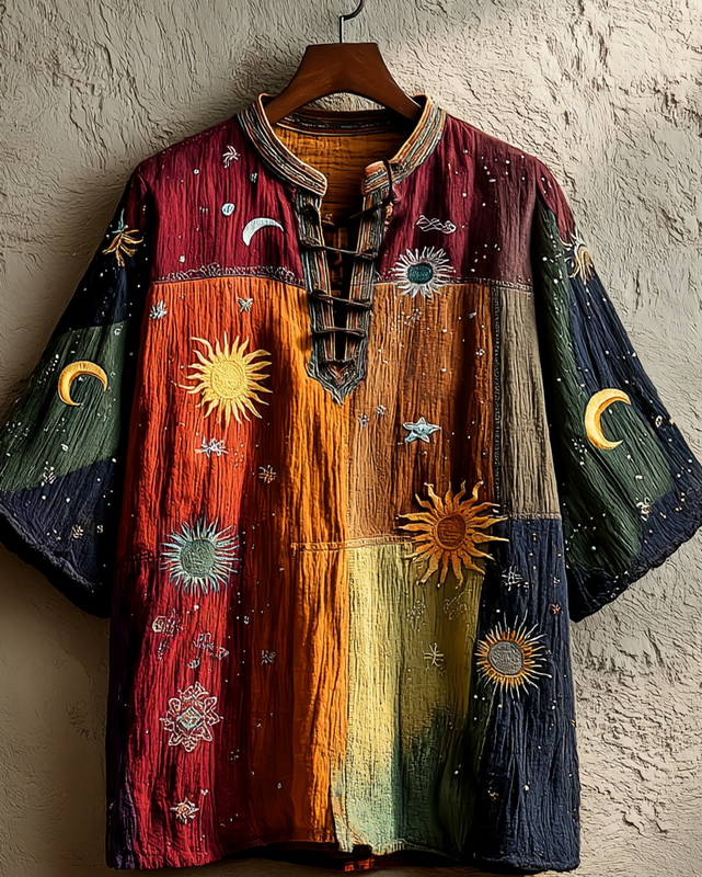 Men's star and moon embroidered rainbow contrast top 3e62