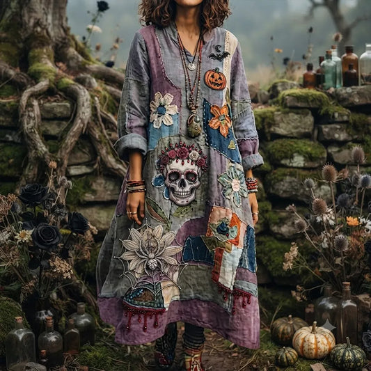 Women's Halloween Gothic Patchwork Skull & Spiderweb Long-sleeve Midi Dress