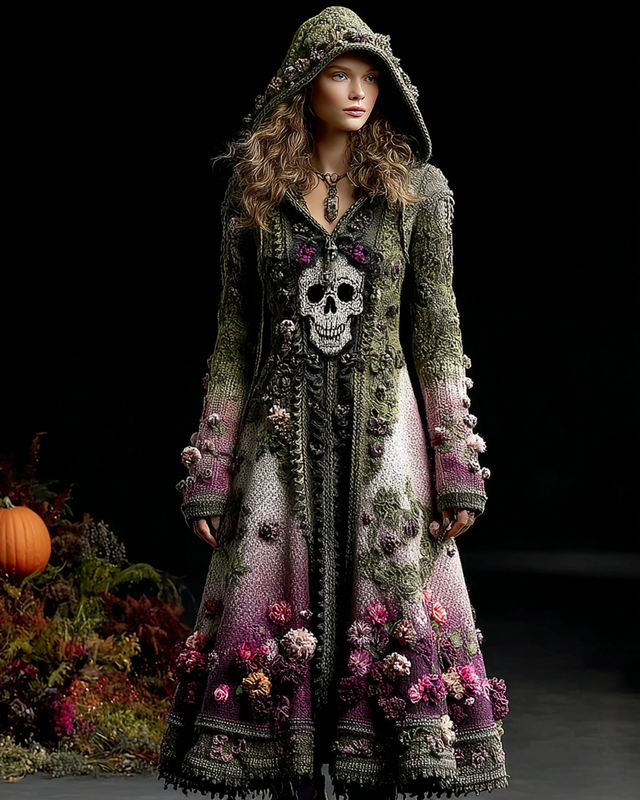 Halloween-Themed Skull Floral Embroidered Knit Hooded Dress df03