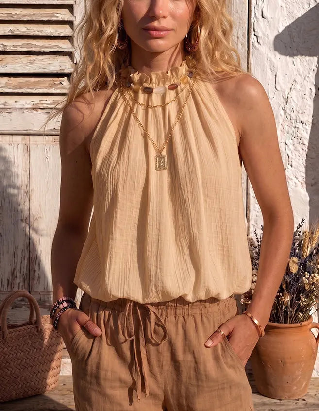Women's Fashionable And Versatile Beaded Bubble Halter Neck Top