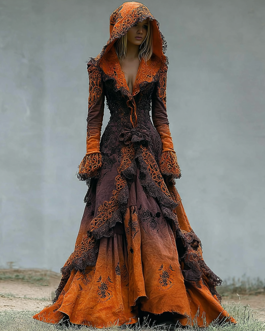 Halloween Themed Irregular Gradient Lace Patchwork Hooded Dress bc3a