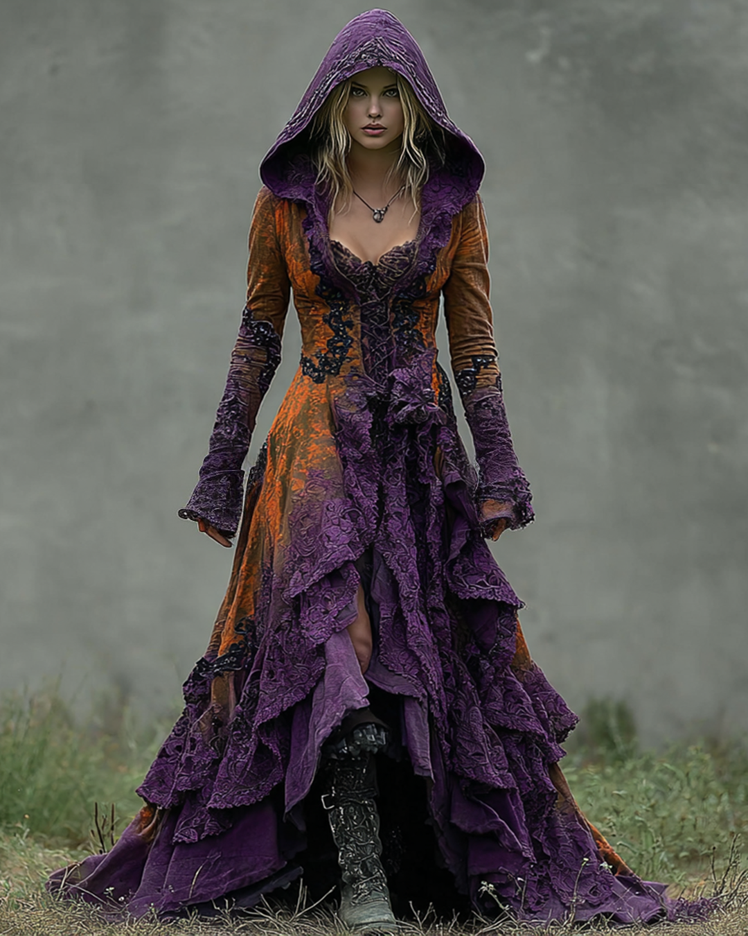 Halloween Themed Irregular Gradient Lace Patchwork Hooded Dress 1634