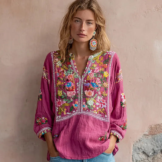 Women's Vintage Flower Embroidery V-neck Long Sleeve Linen Blend Blouse