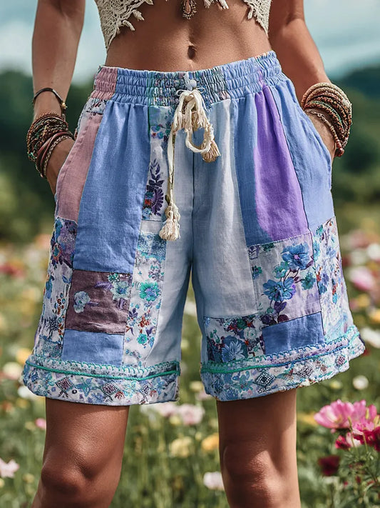 Women's Patchwork Floral Contrast Waist Drawstring Pocket Shorts