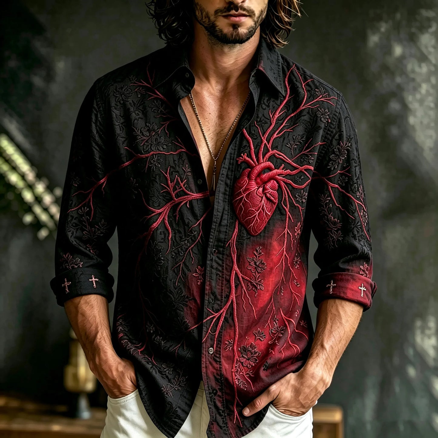 Men's Retro Vampires Classic Floral With Heart Anatomy Art Casual Halloween Shirt