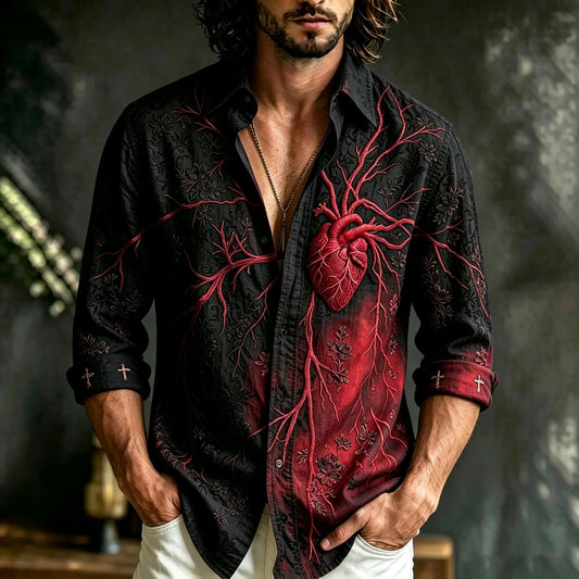 Men's Retro Vampires Classic Floral With Heart Anatomy Art Casual Halloween Shirt