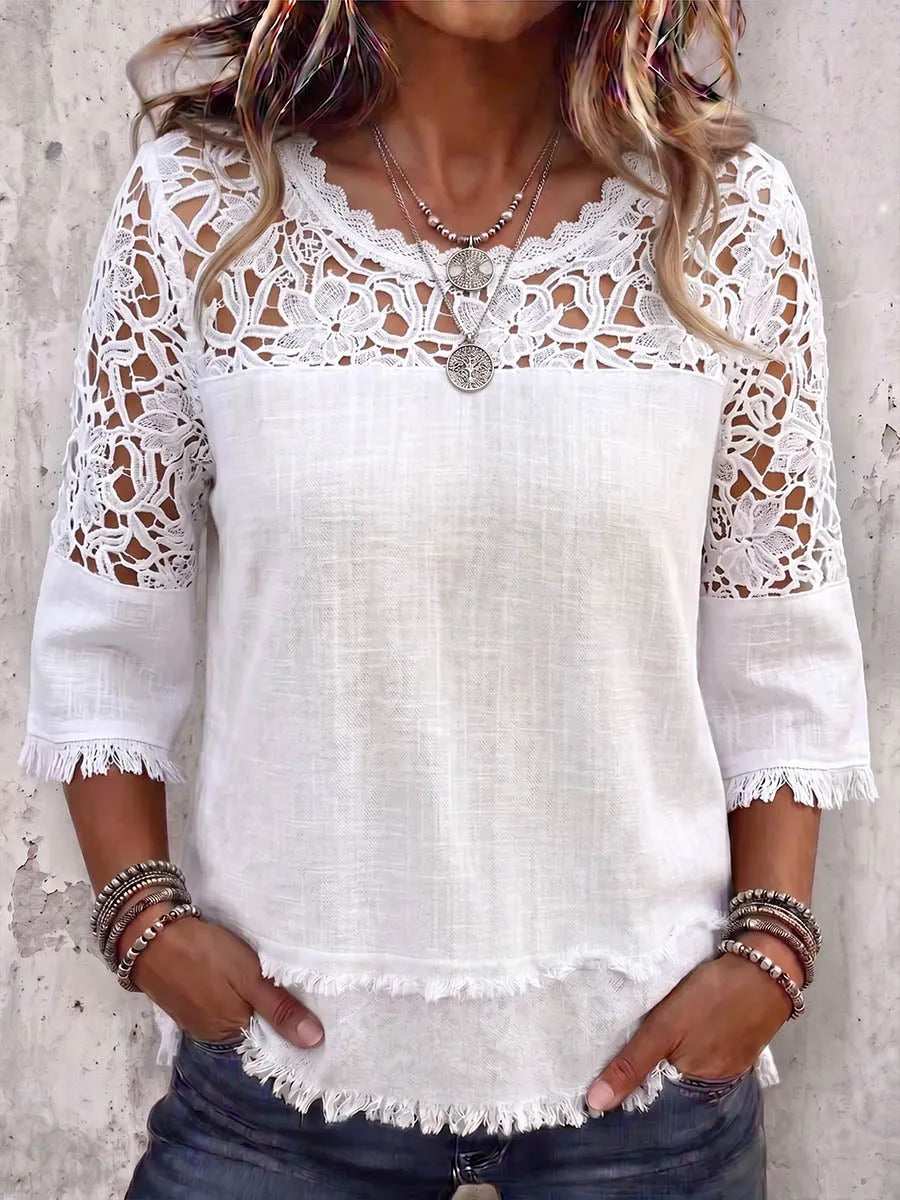 Vintage Art Comfortable Fabrics Cotton Linen Blend Patchwork Lace Shirt