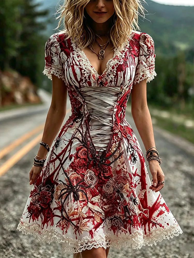 Gothic Blood Splash Red Rose Spider Corset Mini Dress