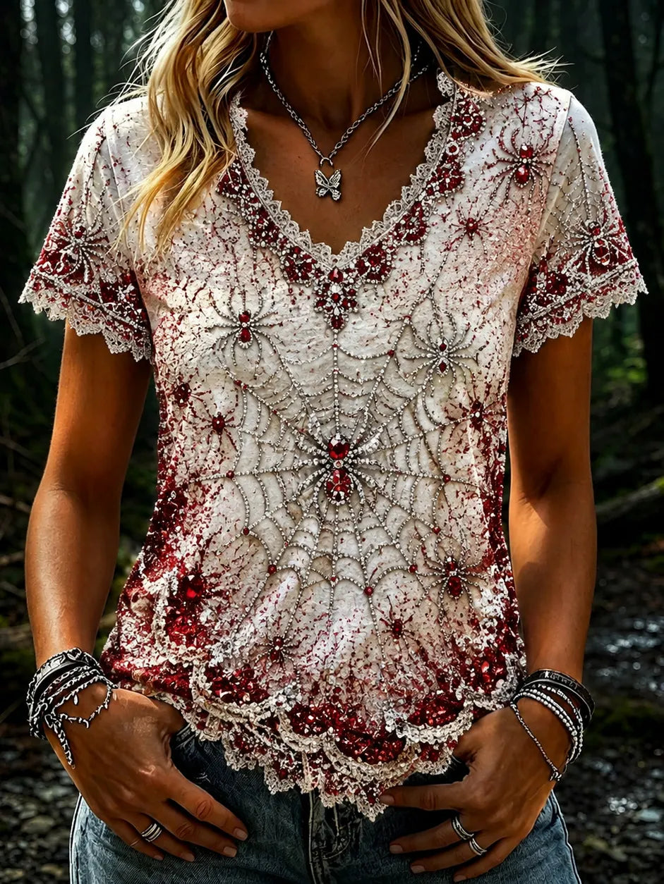 Women's Vintage Spider Art Pattern V-neck Short Sleeve T-shirt
