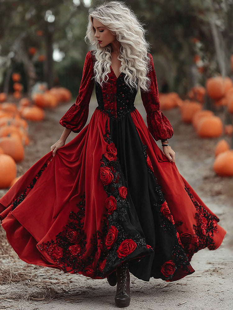 Women's Halloween Black Roses Art Comfy Velvet Maxi Dress 08dd