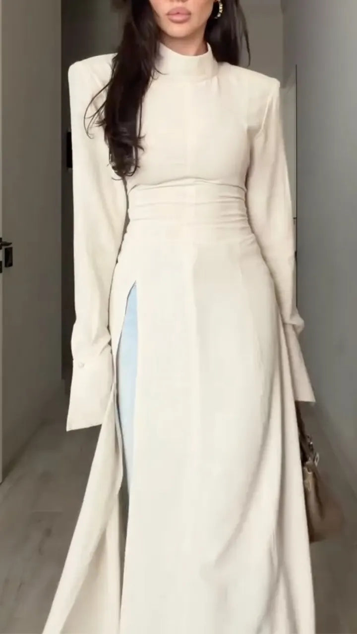 Beige Structured High-Neck Maxi Tunic
