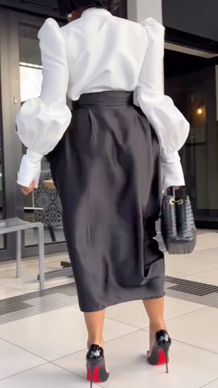 White Puff Sleeve Shirt & Black Draped Skirt Set