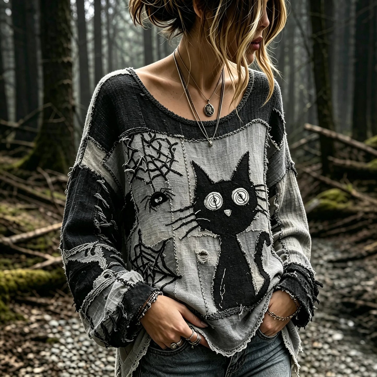 Women's Vintage Shock Spider Black Cat Patchwork Art Long Sleeve T-shirt