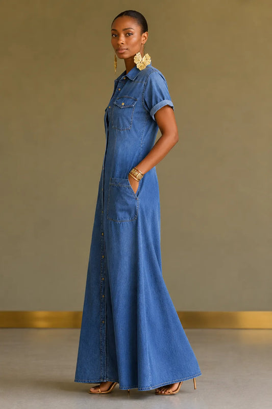 Medium Wash Roll Cuff Denim Button Down Maxi Shirt Dress