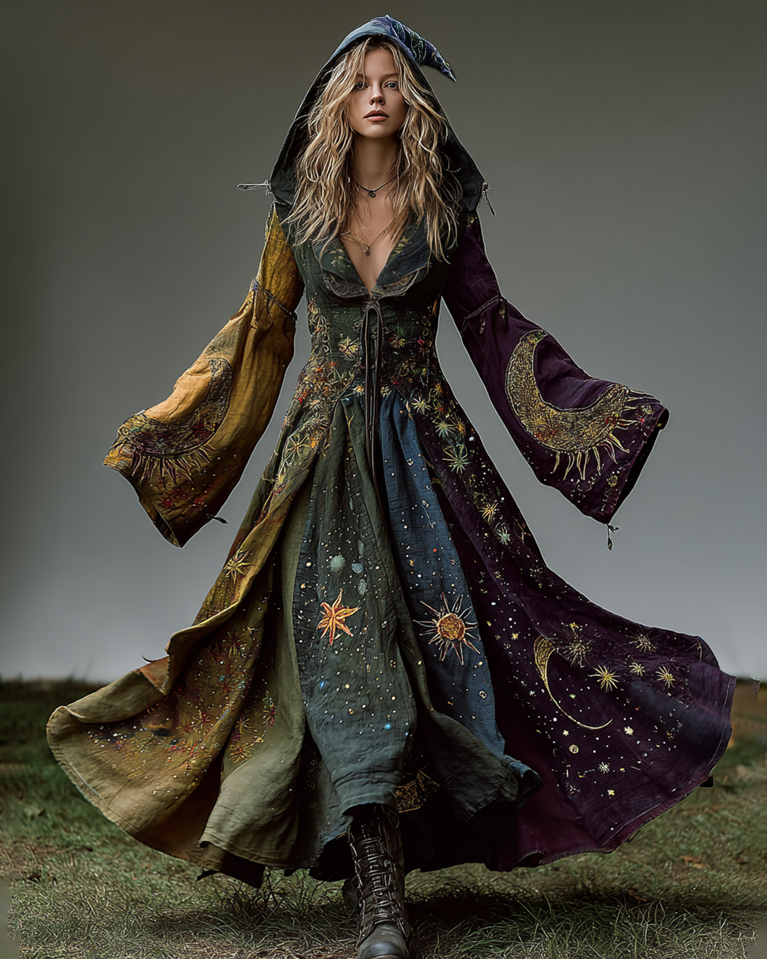 Star And Moon Themed Embroidery Gradient Hooded Witch Dress 8c11
