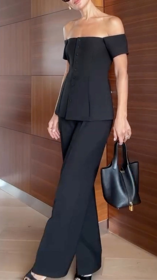 Black Off-Shoulder Top & Tailored Wide Leg Pants Co-Ord Set