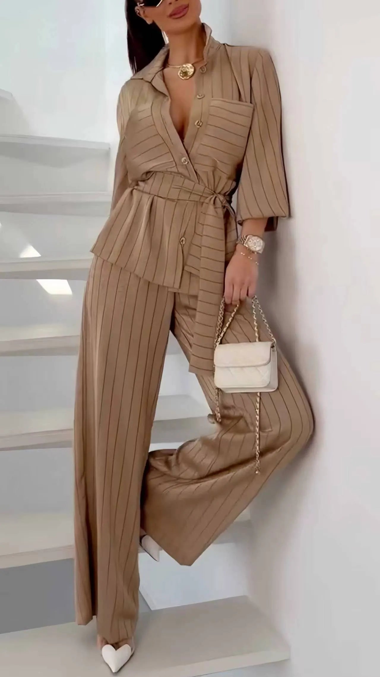 Stripe Belted Shirt & Wide Leg Pants Co‑Ord