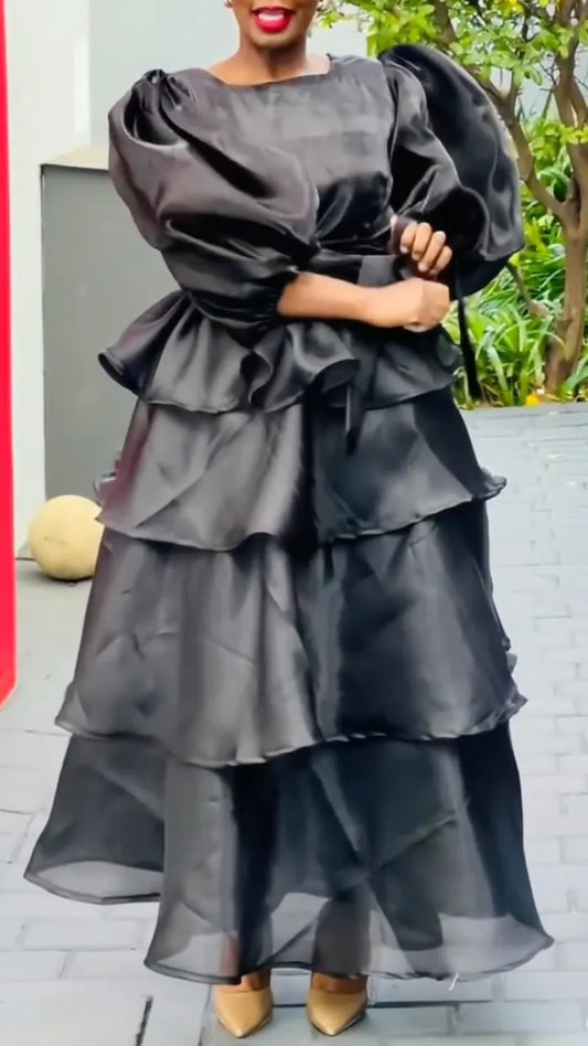Black Multi-Layer Ruffled Satin Maxi Set