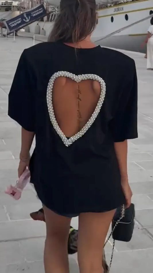 Pearl Heart Cutout Back Oversized T-Shirt