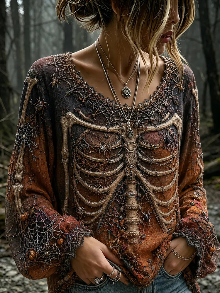 Women's Vintage Halloween Human Skeletal Art Crew Neck Long Sleeve T-shirt