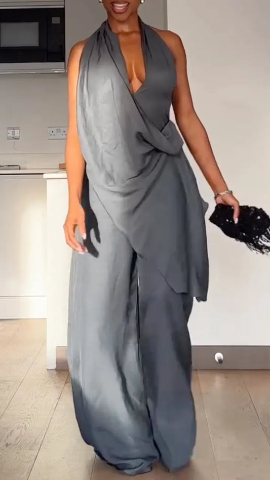 Grey Halter Neck Draped Wide Leg Pants Set