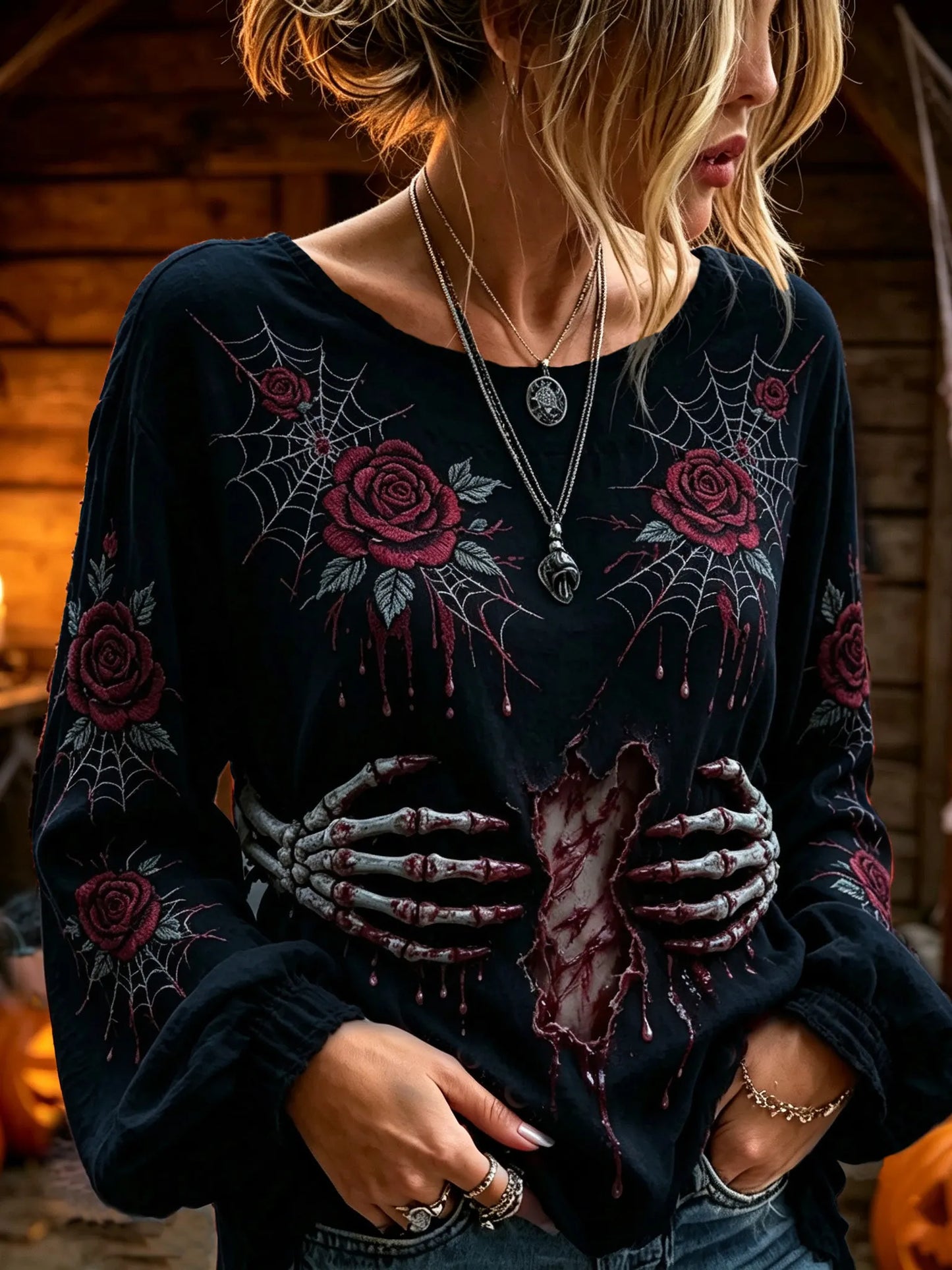 Women's Retro Halloween Floral And Bone Embroidered Long-sleeved Top