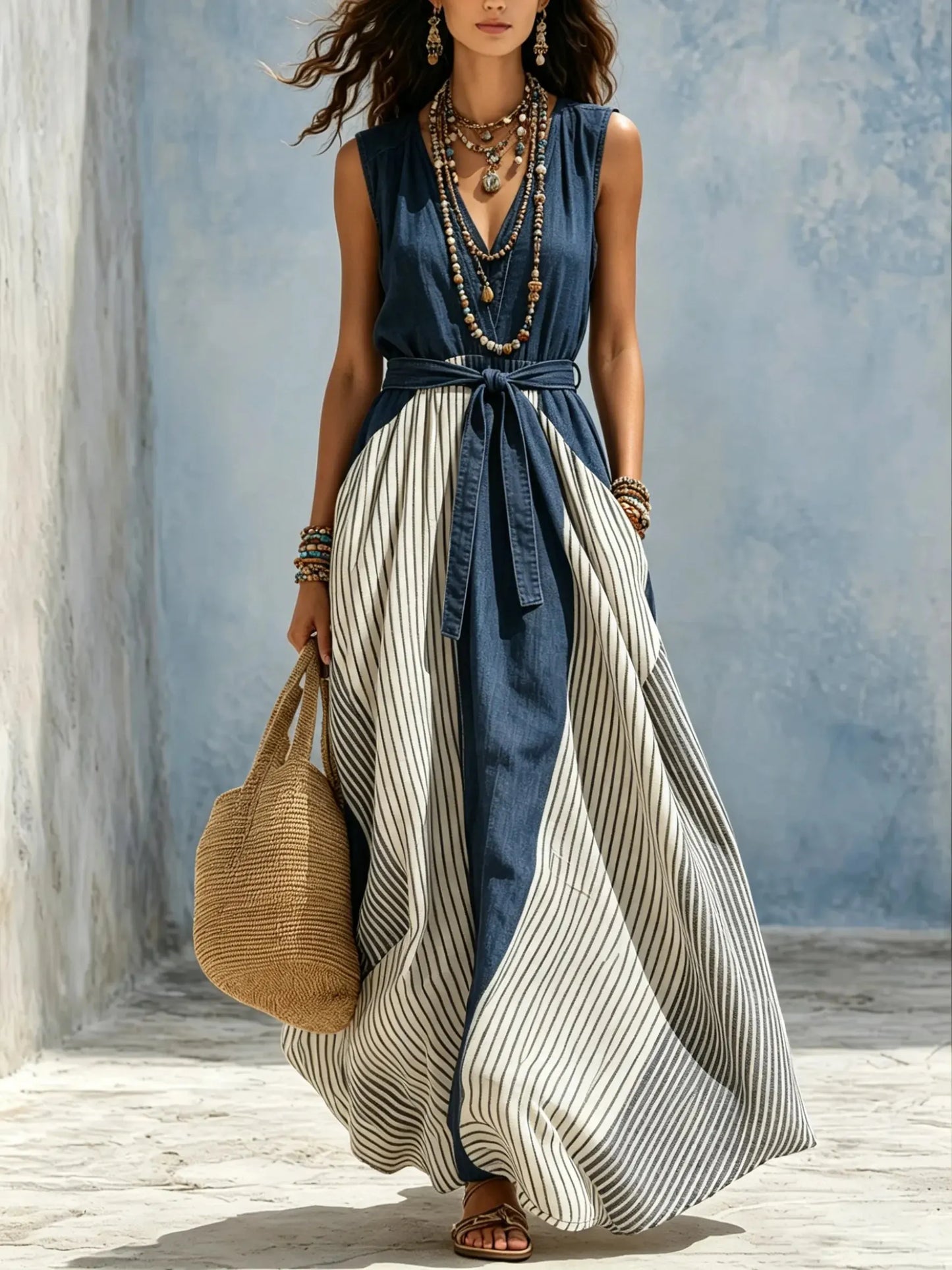 Women's Vertical Stripe Color Block Denim V Neck Sleeveless Waist Tie Maxi Dress