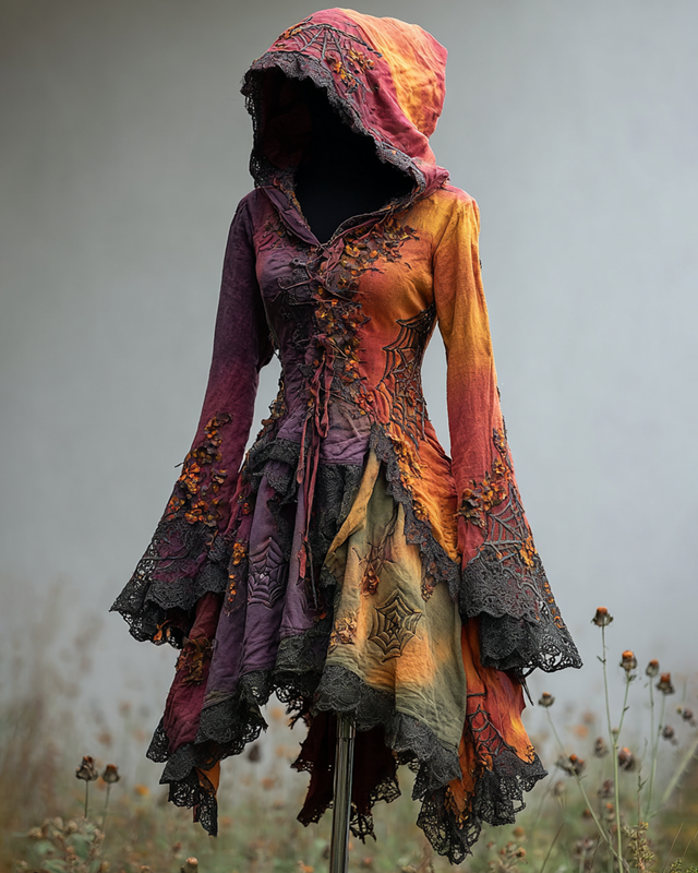 Halloween Themed Irregular Gradient Embroidered Lace Patchwork Hooded Dress cf02