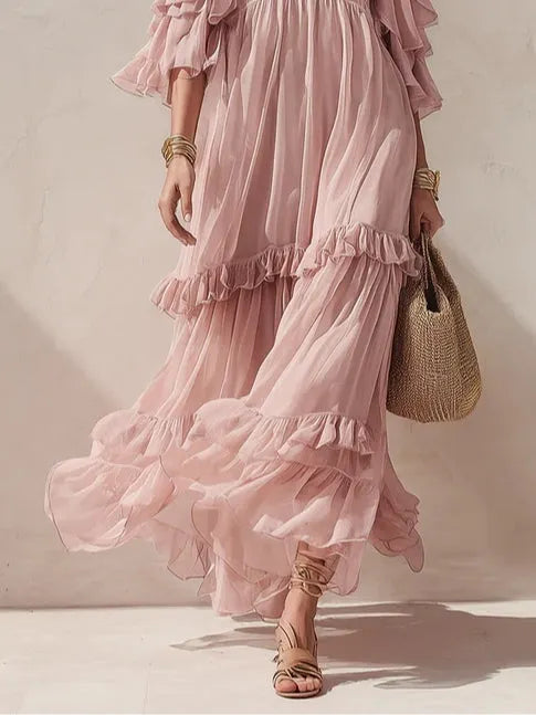 Romantic Pink Off-shoulder Layered Ruffle Flowing Maxi Dress