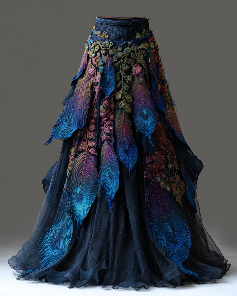 Elegant Patchwork Ruffle Peacock Skirt 4caa