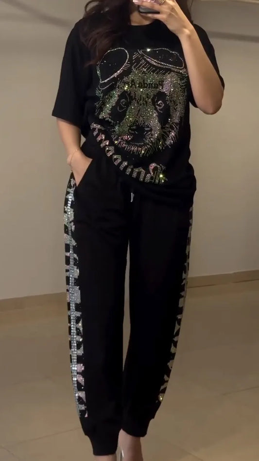 Black Rhinestone Panda Print Loungewear Set