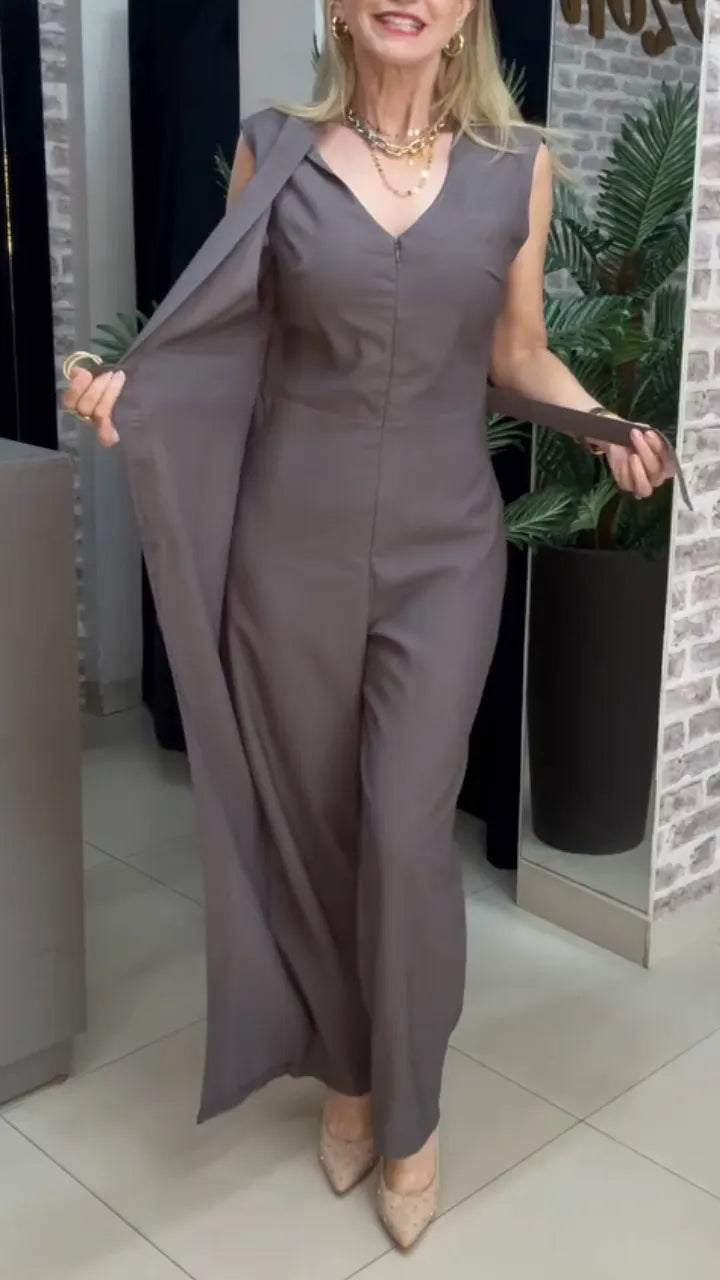 Taupe Wrap-Front Sleeveless Jumpsuit