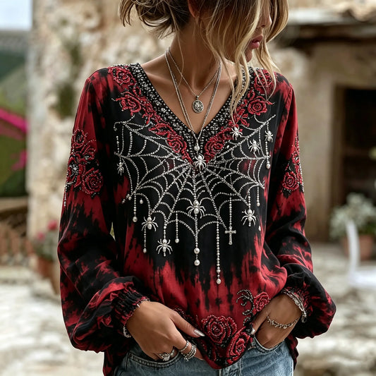 Women's Rose Flowers Spider Web Art Print Flowy Linen Blend Long Sleeve Casual Tops