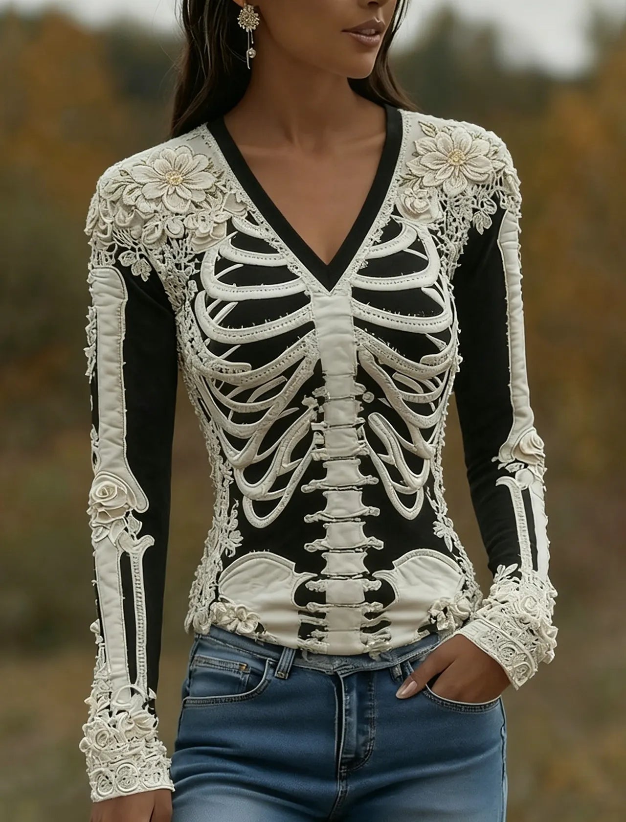 Women's Halloween Skeleton Bones With Roses Art Casual Long Sleeve V Neck T-shirt