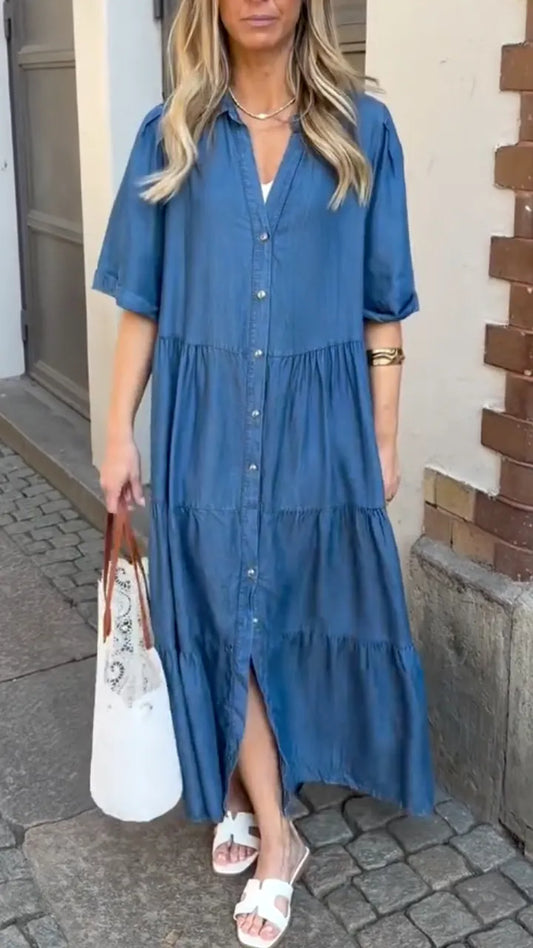 Blue Chambray Tiered Maxi Dress