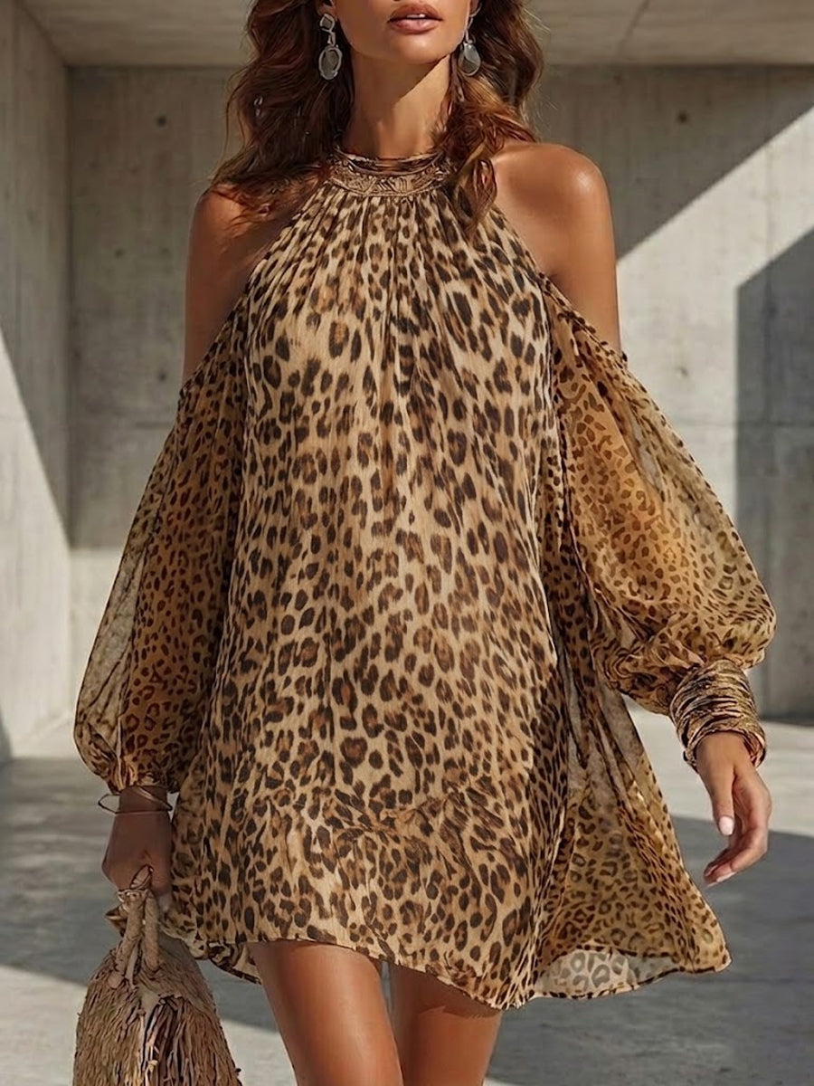 Women's Off-shoulder Leopard Print Chiffon Dress