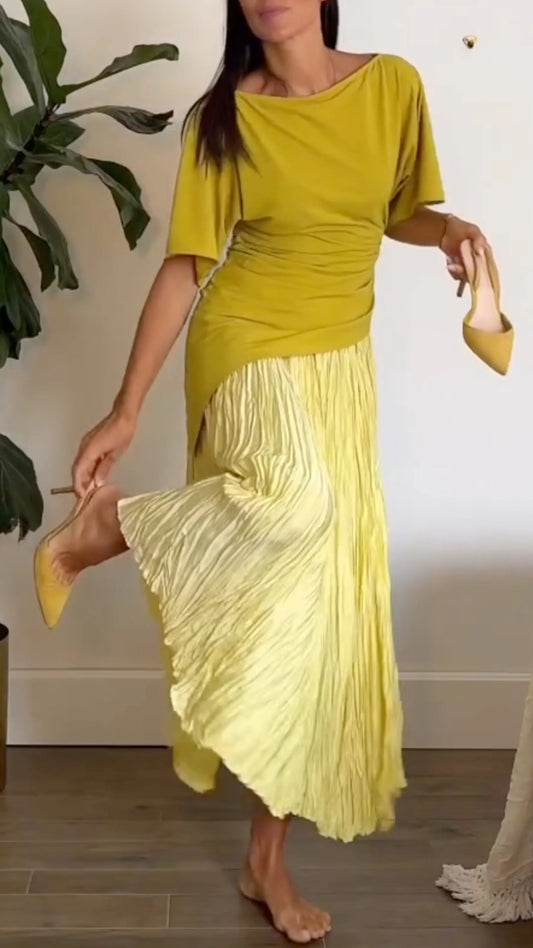 Draped Top & Crinkle Pleated Midi Skirt Co‑Ord Set