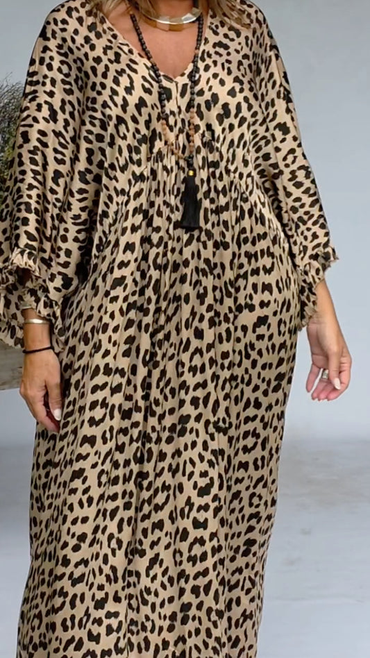 Leopard Print Batwing Sleeve Oversized Maxi Dress With Tassel